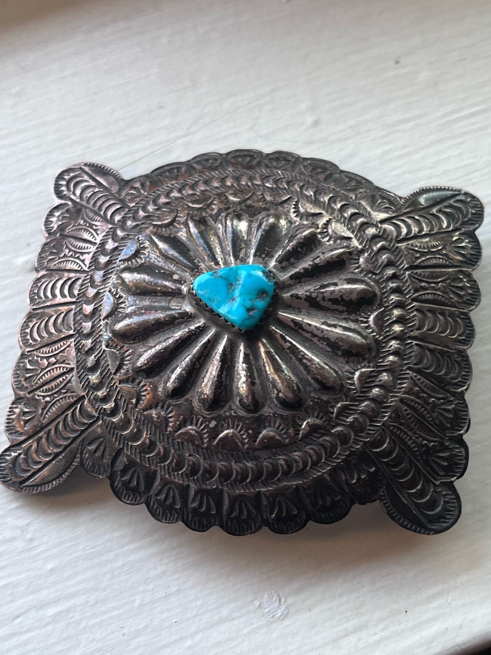 Vintage sterling silver turquoise Navajo belt buckle